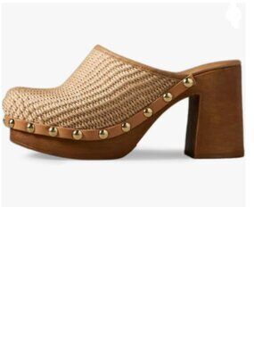 YDN Natural Platform Slip On Clogs Mules Cork High Heel Round Toe Rivet Sandals
